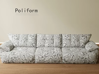 Poliform Three Seater Sofa With Abstract Black White Pattern On Light Colored Wall And Wooden Floor 3d model
