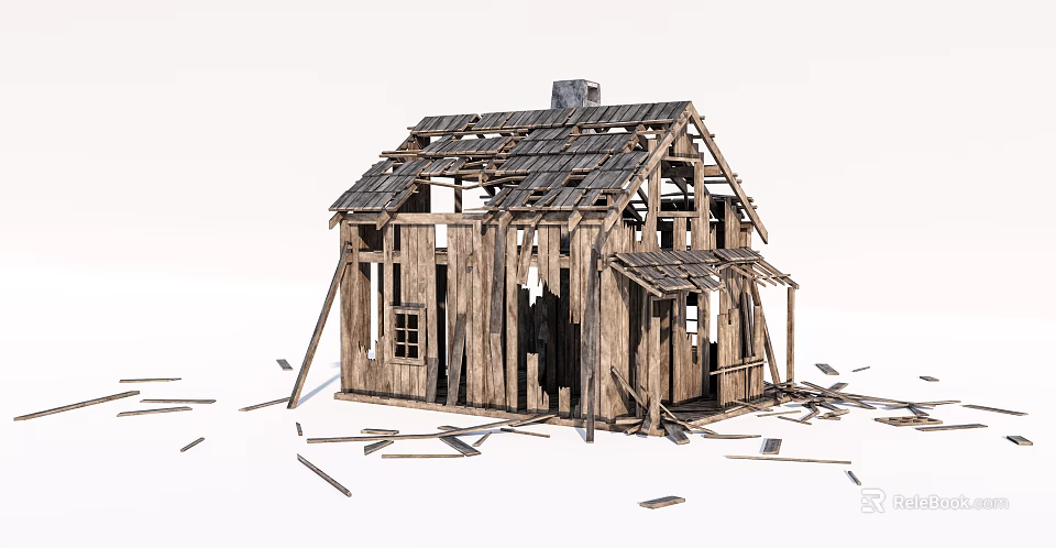 Dilapidated Wooden House Structure With Collapsed Roof And Scattered Planks 3d model 