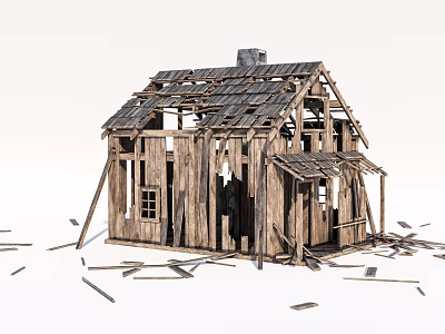 Dilapidated Wooden House Structure With Collapsed Roof And Scattered Planks 3d model