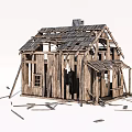 Dilapidated Wooden House Structure With Collapsed Roof And Scattered Planks
