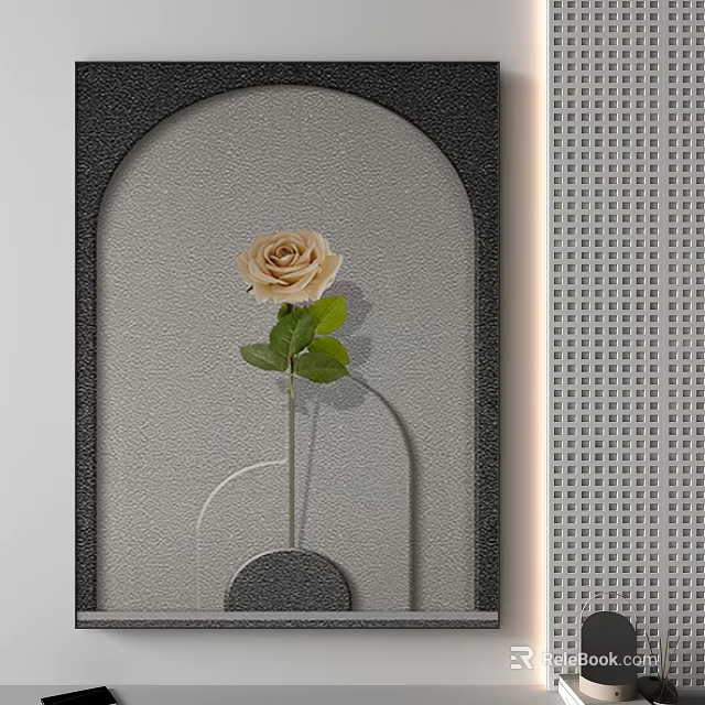 Modern Decorative Wall Art With Beige Rose And Green Leaves In Minimalist Design 3d model 