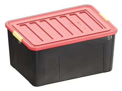 Plastic Storage Box with Red Lid Black Body Yellow Handles and Striped Top Design 3d model