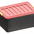 Plastic Storage Box with Red Lid Black Body Yellow Handles and Striped Top Design