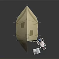 Beige Camping Tent With Folding Chair Gas Stove Sleeping Bag And Person Resting Outdoors