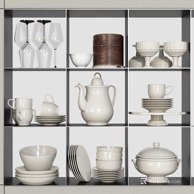 White Ceramic Dinnerware Set With Cups Plates Teapot Bowls Wine Glasses And Storage Box 3d model 