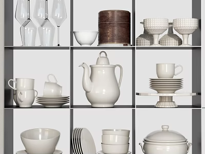 White Ceramic Dinnerware Set With Cups Plates Teapot Bowls Wine Glasses And Storage Box 3d model
