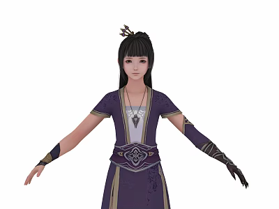 Graceful Female Character in Purple Traditional Patterned Outfit with Long Hair Headpiece and Arm Decorations 3d model