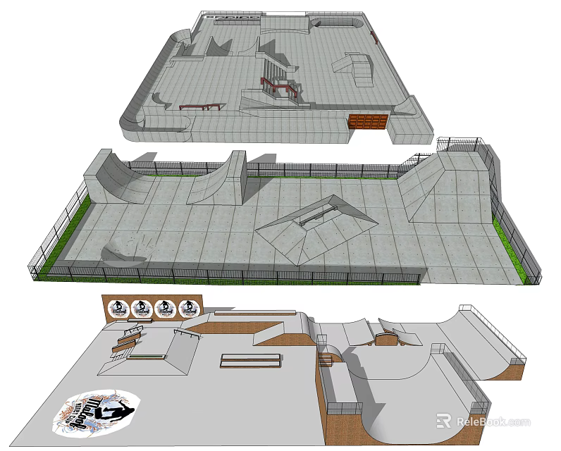 Skate Park Design With Multiple Ramps Platforms Paved Surface And Green Fencing 3d model 