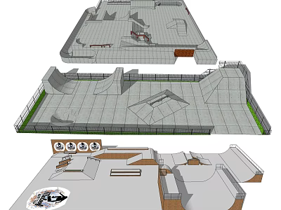 Skate Park Design With Multiple Ramps Platforms Paved Surface And Green Fencing 3d model
