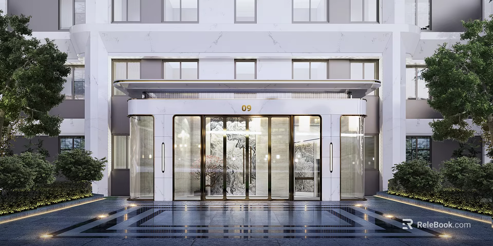 Modern Storefront Entrance Design With Marble Facade Glass Doors And Lighting 3d model 