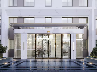 Modern Storefront Entrance Design With Marble Facade Glass Doors And Lighting 3d model