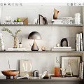 Modern Decorative Ornament Collection on Wall Shelves with Books Lamp Vase and Sculptures