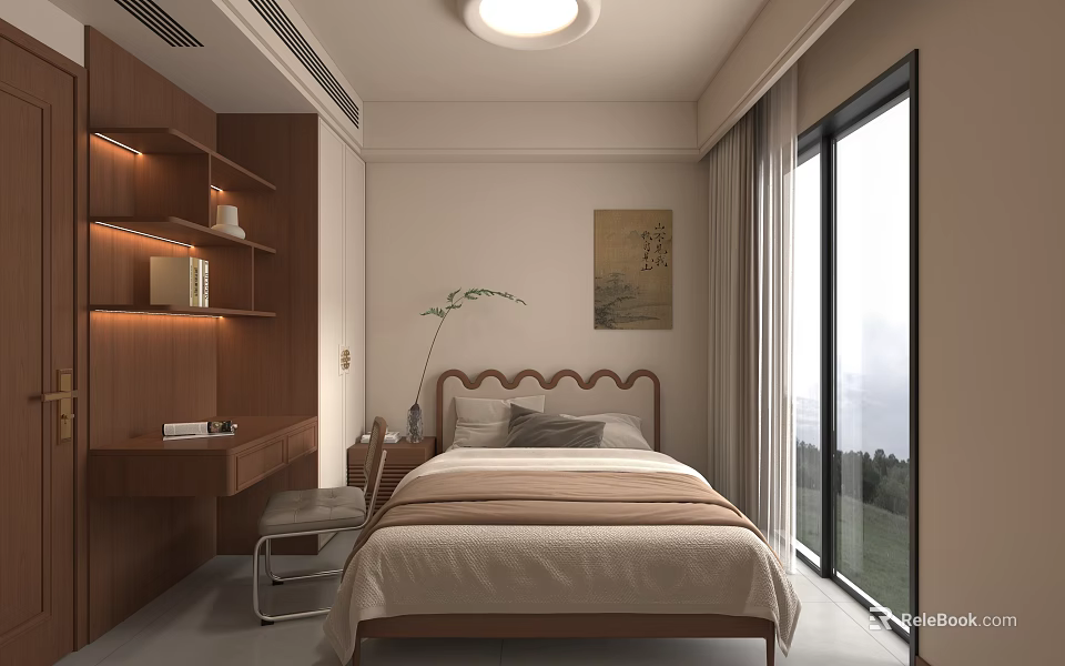 Kids Room Interior With Wooden Bookshelf Desk Chair Bed Decorative Painting And Window View 3d model 