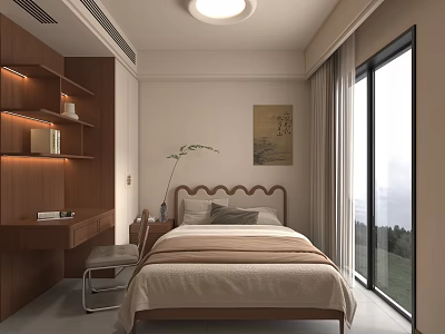 Kids Room Interior With Wooden Bookshelf Desk Chair Bed Decorative Painting And Window View 3d model