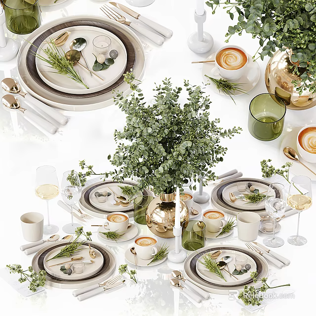 Elegant Tableware Set With Greenery And Table Decor 3d model 