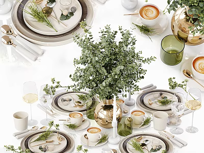 Elegant Tableware Set With Greenery And Table Decor 3d model