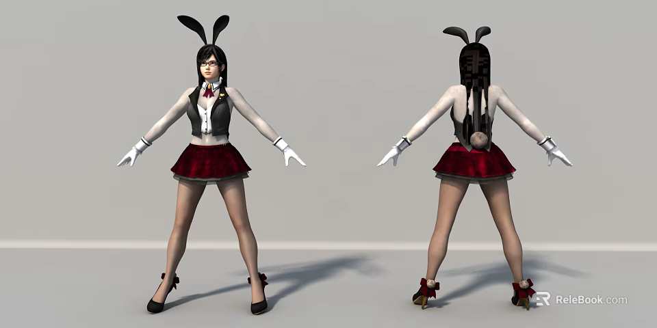 Game Movie Character With Bunny Ears Black Long Hair White Shirt Red Skirt White Gloves 3d model 