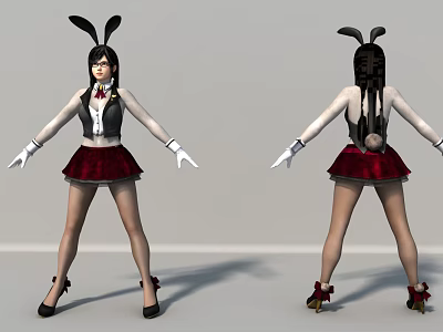 Game Movie Character With Bunny Ears Black Long Hair White Shirt Red Skirt White Gloves 3d model