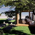 Garden Landscape Design With Wooden Pergola White Chairs Green Plants And Grass Area