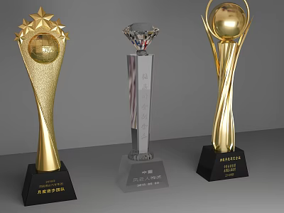 Gold And Silver Trophy Awards With Elegant Designs And Black Bases On 3d model
