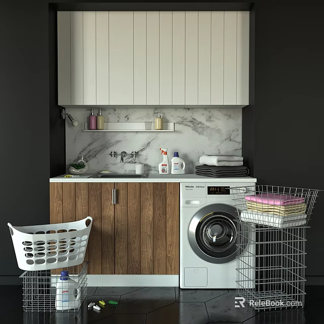 Modern Bathroom Washbasin With Wooden Cabinets Marble Countertop Washing Machine And Towels 3d model 