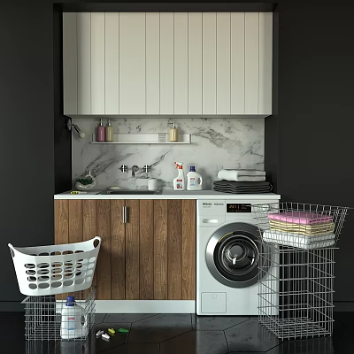 Modern Bathroom Washbasin With Wooden Cabinets Marble Countertop Washing Machine And Towels 3d model