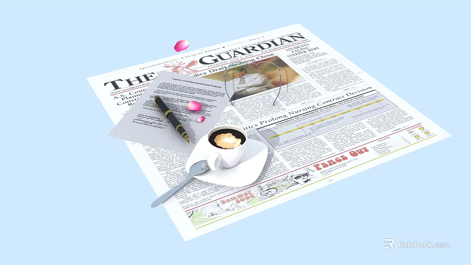 Open The Guardian Newspaper With Pen Coffee Cup And Pink Petals On Light Blue Background 3d model 