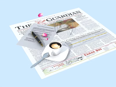 Open The Guardian Newspaper With Pen Coffee Cup And Pink Petals On Light Blue Background 3d model
