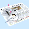 Open The Guardian Newspaper With Pen Coffee Cup And Pink Petals On Light Blue Background