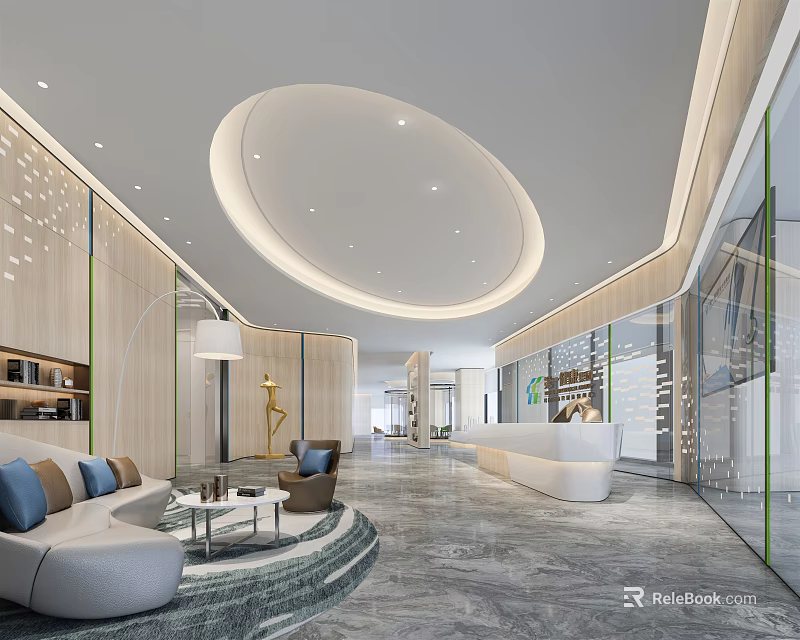 Modern Reception Desk In Stylish Lobby With Circular Ceiling And Marble Flooring 3d model 