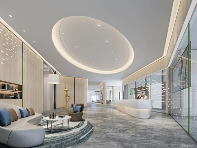 Modern Reception Desk In Stylish Lobby With Circular Ceiling And Marble Flooring 3d model