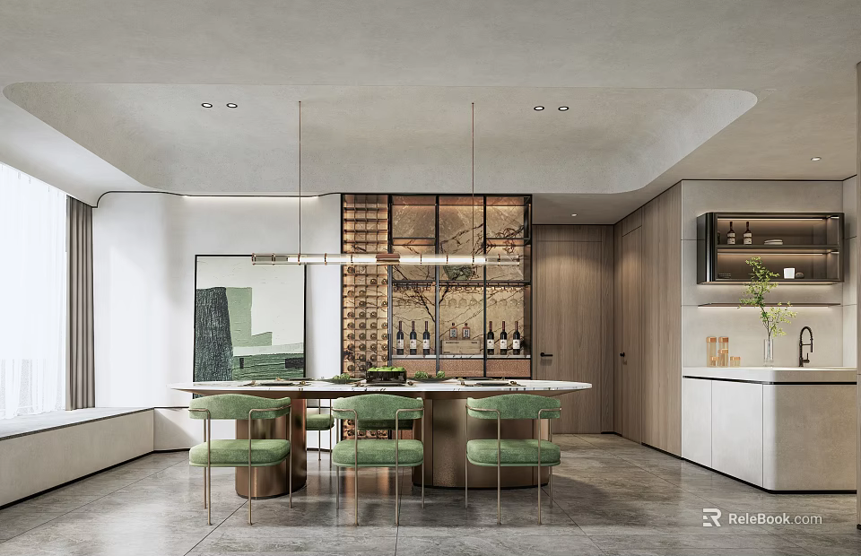 Modern Restaurant Interior With Dining Table Green Chairs Hanging Lights And Wine Rack 3d model 