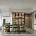 Modern Restaurant Interior With Dining Table Green Chairs Hanging Lights And Wine Rack