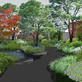 Garden Landscape Design With Various Trees Red Maple Green Shrubs Stone Pathway And Lawn