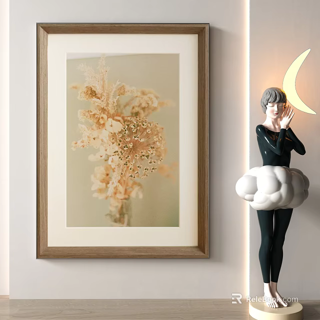 Framed Floral Artwork And Sculpture With Cloud Base And Crescent Moon 3d model 