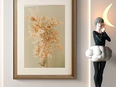 Framed Floral Artwork And Sculpture With Cloud Base And Crescent Moon 3d model