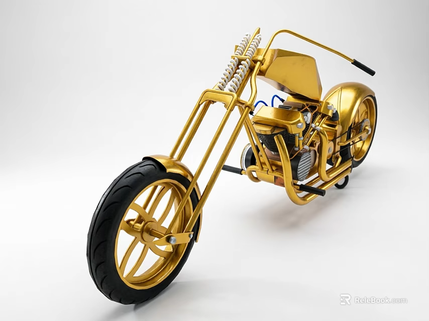 Golden Motorcycle Model with Long Front Fork Black Tires and Vintage Custom Design 3d model 