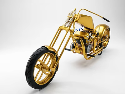 Golden Motorcycle Model with Long Front Fork Black Tires and Vintage Custom Design 3d model