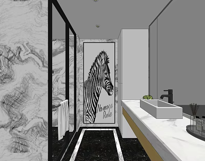 Hotel Bathroom With Marble Walls Zebra Wall Art White Vanity And Black Floor 3d model