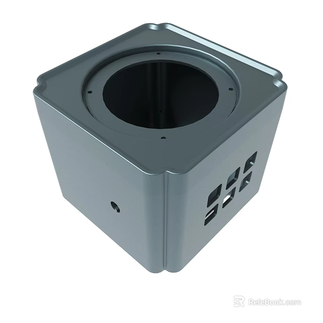 Gray Cube Metal Housing With Circular Opening And Side Square Holes 3d model 