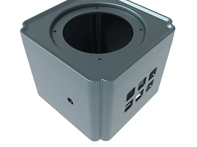 Gray Cube Metal Housing With Circular Opening And Side Square Holes 3d model