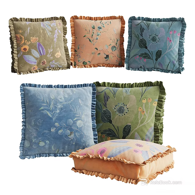 Decorative Throw Pillows With Floral Patterns Fringed Edges And Various Colors 3d model 