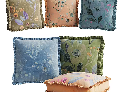 Decorative Throw Pillows With Floral Patterns Fringed Edges And Various Colors 3d model