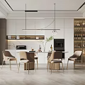 Modern Kitchen Interior Design With Dining Table Chairs Hanging Lights And Wine Rack 3d model