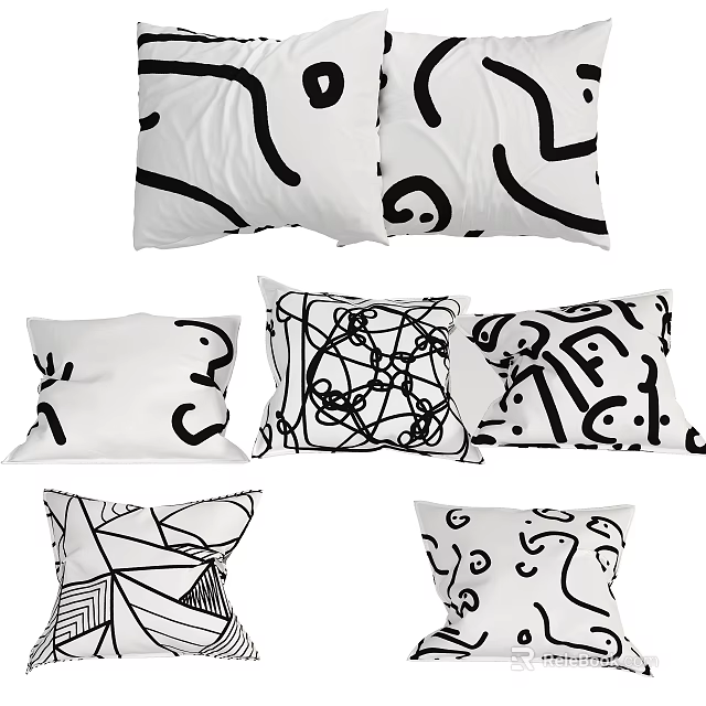 Black and White Decorative Pillows With Abstract Patterns And Modern Design Styles 3d model 