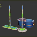 Blue Cleaning Bucket With Strainer And Flat Mop Featuring Green White Handle 3d model