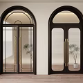 Elegant Black Double Doors with Golden Handles Glass Panels Arched Top and Potted Plants
