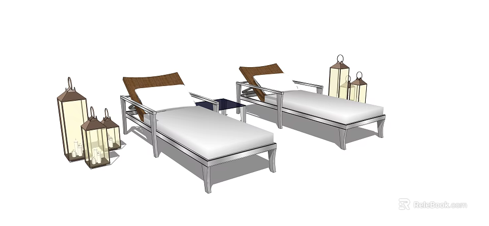 Modern Outdoor Lounge Chairs With White Cushions Brown Backrests And Decorative Lanterns 3d model 