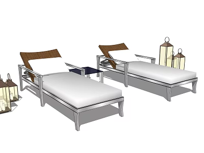 Modern Outdoor Lounge Chairs With White Cushions Brown Backrests And Decorative Lanterns 3d model
