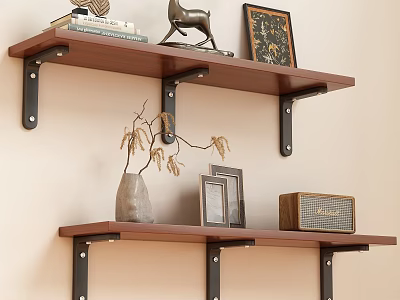 Wooden Wall Shelves with Black Metal Brackets Holding Books Decorative Items and Photo Frames 3d model